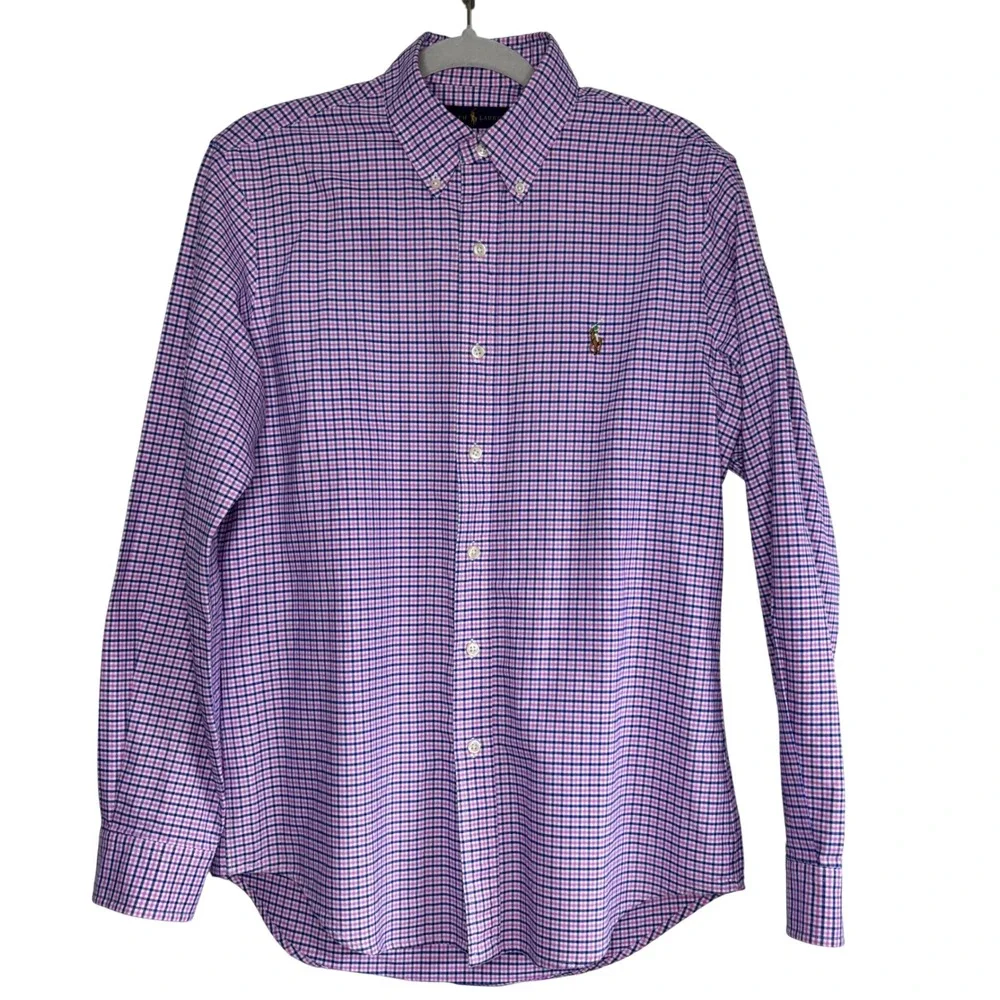 Polo Ralph Lauren Mens Slim Fit Gingham Button Down Shirt Pink Navy Blue Small